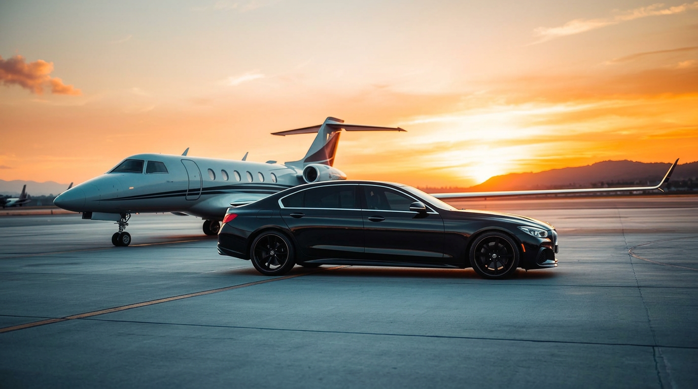 Luxury car next to private jet