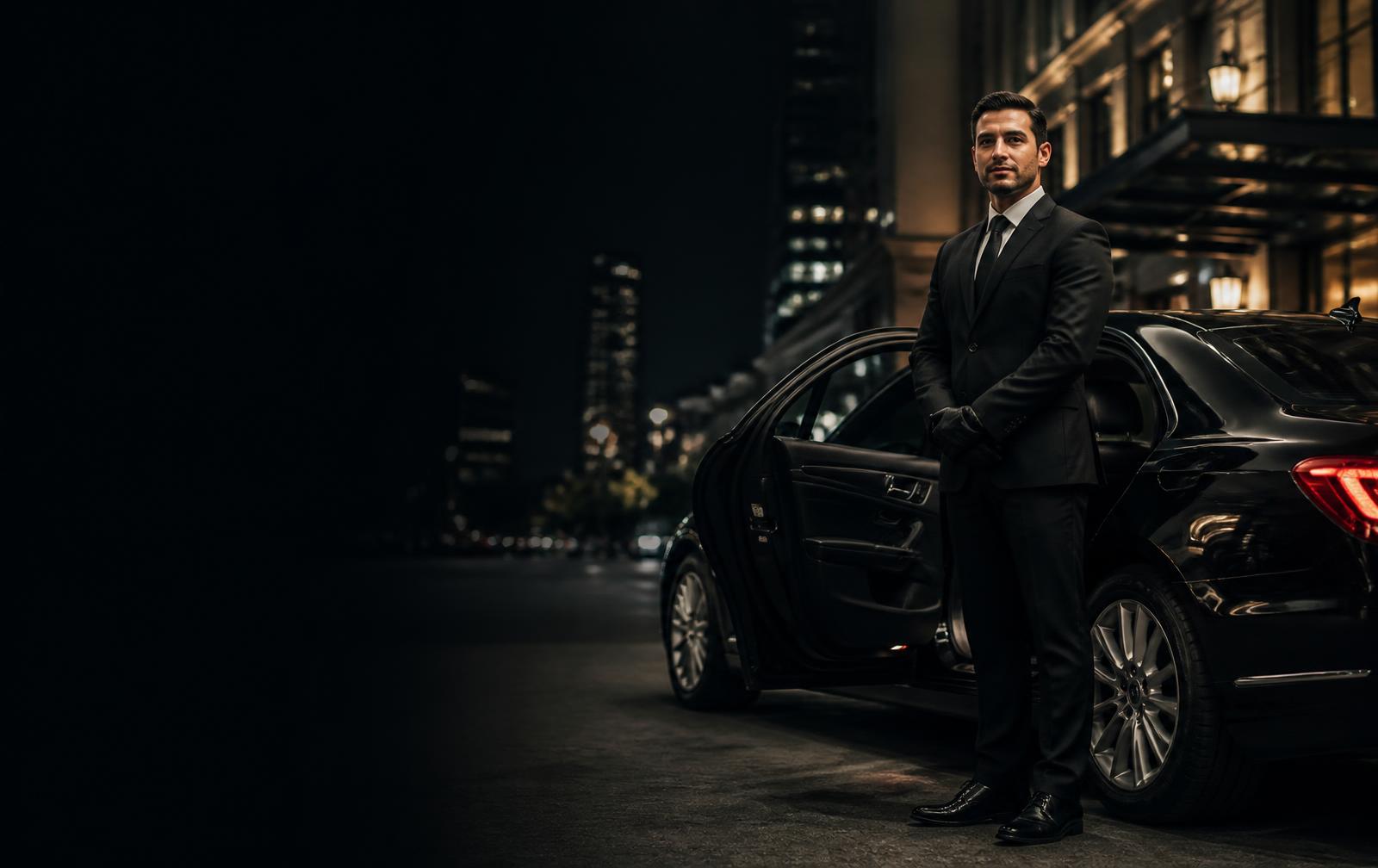 Professional Bookaride chauffeur with a black luxury car